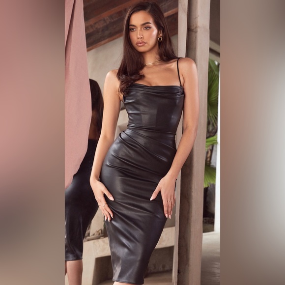 House of CB Luanne BLACK VEGAN LEATHER CORSET MIDI DRESS - Picture 1 of 10